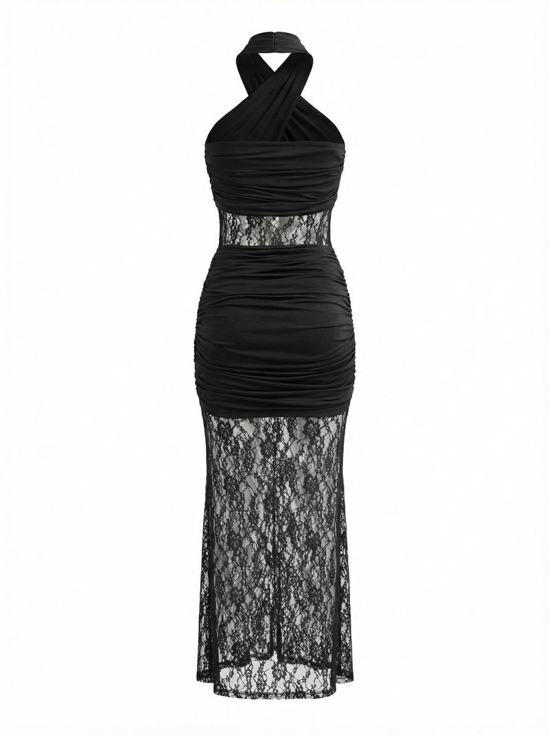 Black Lace Panel Halter Maxi Dress H7086