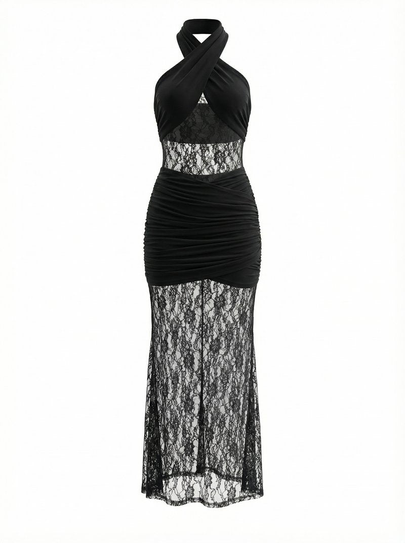 Black Lace Panel Halter Maxi Dress H7086