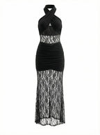 Black Lace Panel Halter Maxi Dress H7086