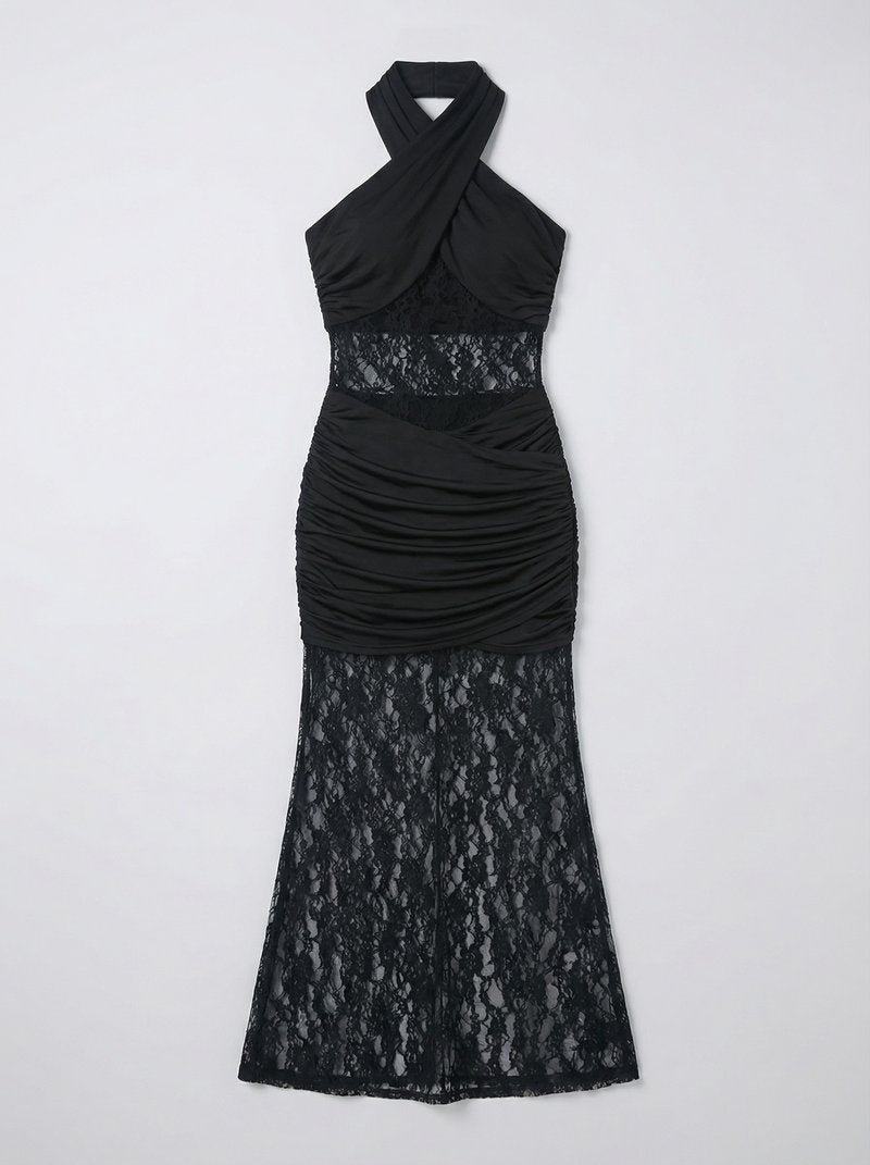 Black Lace Panel Halter Maxi Dress H7086
