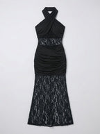 Black Lace Panel Halter Maxi Dress H7086