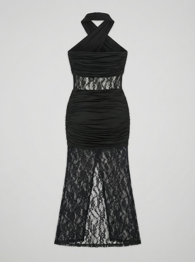 Black Lace Panel Halter Maxi Dress H7086