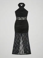 Black Lace Panel Halter Maxi Dress H7086