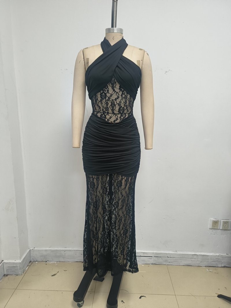 Black Lace Panel Halter Maxi Dress H7086