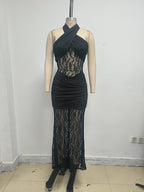 Black Lace Panel Halter Maxi Dress H7086