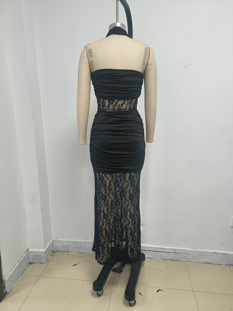 Black Lace Panel Halter Maxi Dress H7086