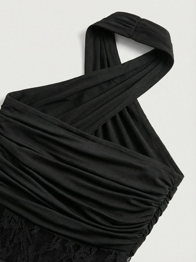 Black Lace Panel Halter Maxi Dress H7086