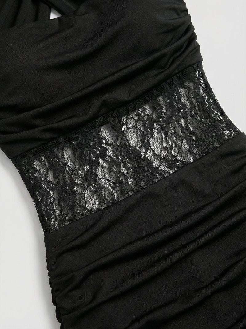 Black Lace Panel Halter Maxi Dress H7086