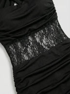 Black Lace Panel Halter Maxi Dress H7086