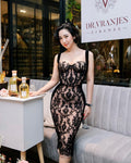 Black Lace Sheer Corset Midi Dress H5983