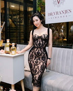 Black Lace Sheer Corset Midi Dress H5983