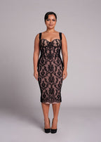 Black Lace Sheer Corset Midi Dress H5983