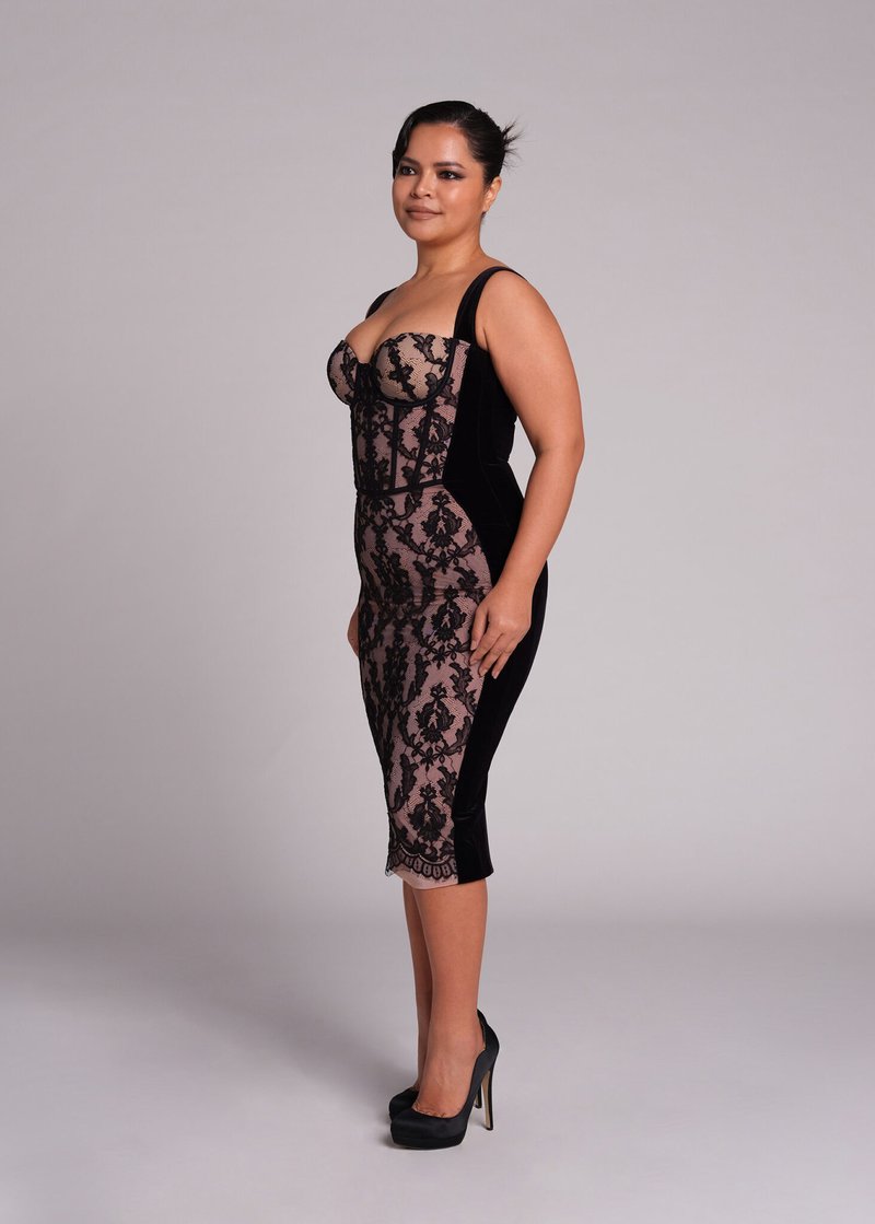 Black Lace Sheer Corset Midi Dress H5983