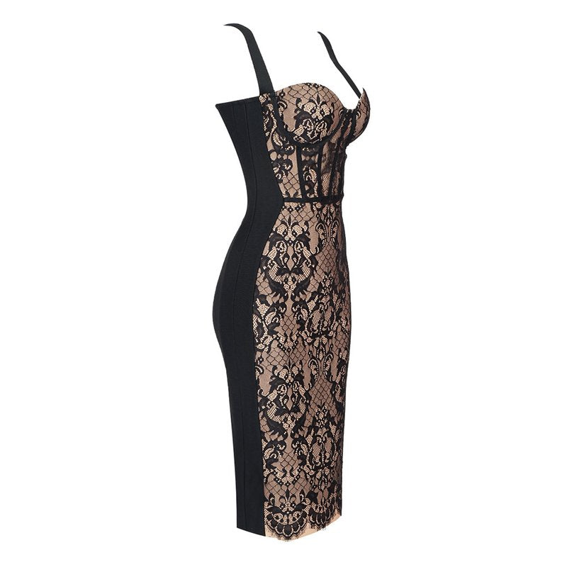 Black Lace Sheer Corset Midi Dress H5983