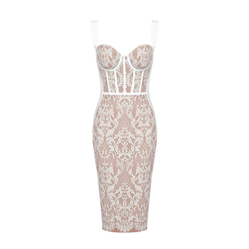 Black Lace Sheer Corset Midi Dress H5983