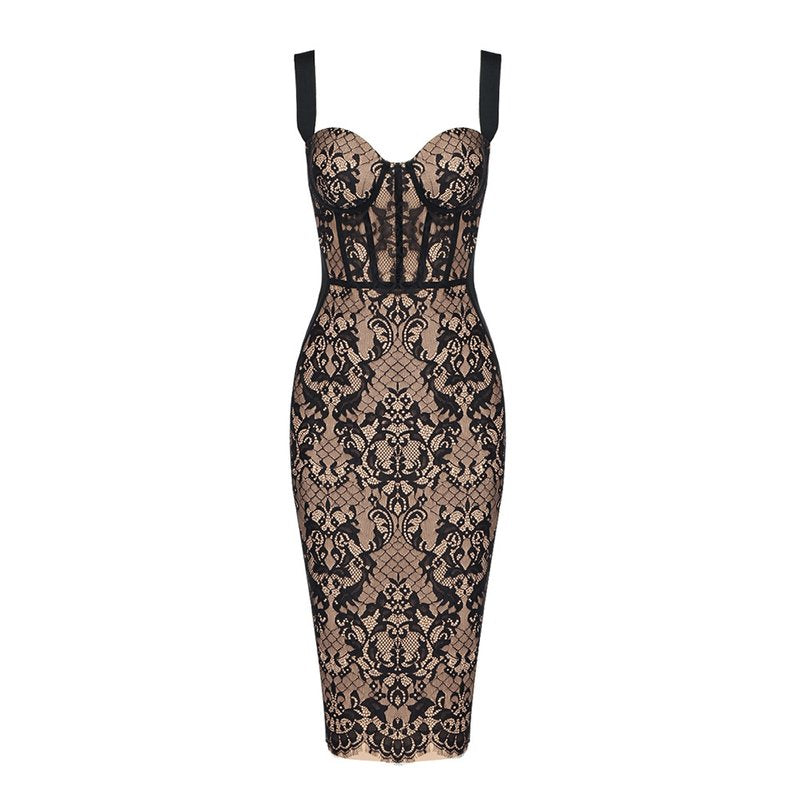 Black Lace Sheer Corset Midi Dress H5983