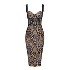 Black Lace Sheer Corset Midi Dress H5983