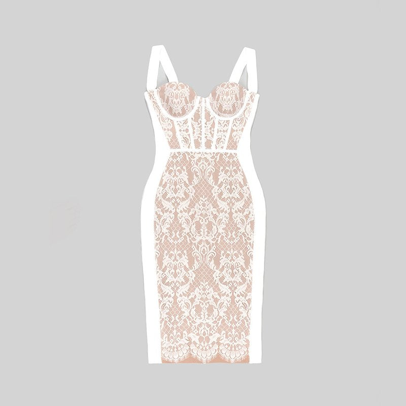 Black Lace Sheer Corset Midi Dress H5983