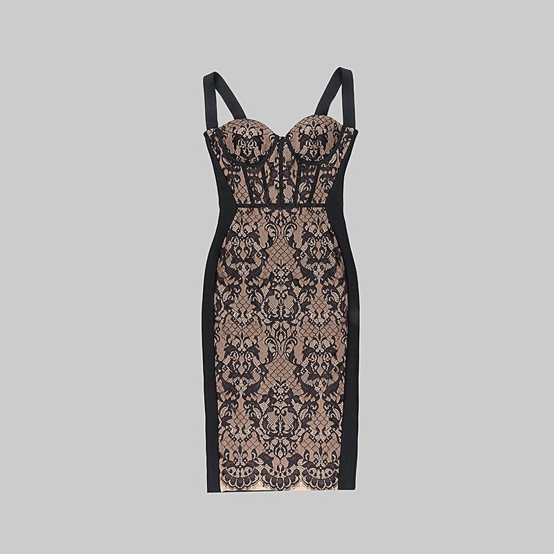 Black Lace Sheer Corset Midi Dress H5983