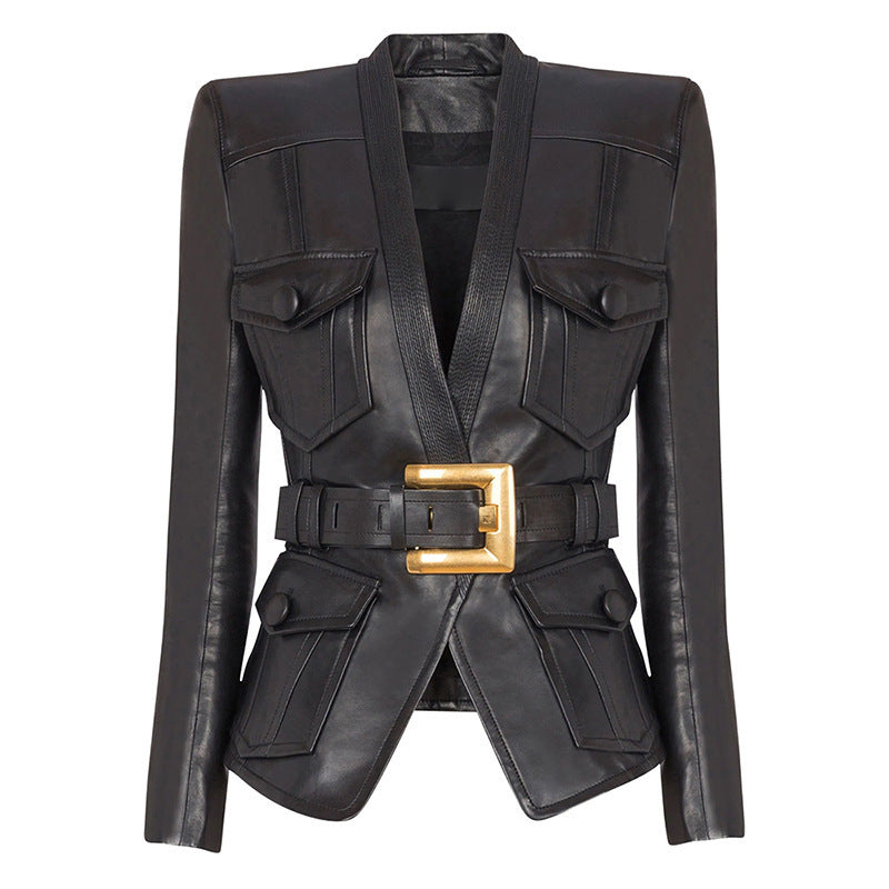 Black Leather Belted Military Jacket H6860