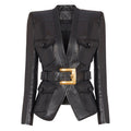 Black Leather Belted Military Jacket H6860