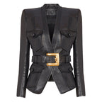 Black Leather Belted Military Jacket H6860