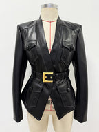 Black Leather Belted Military Jacket H6860