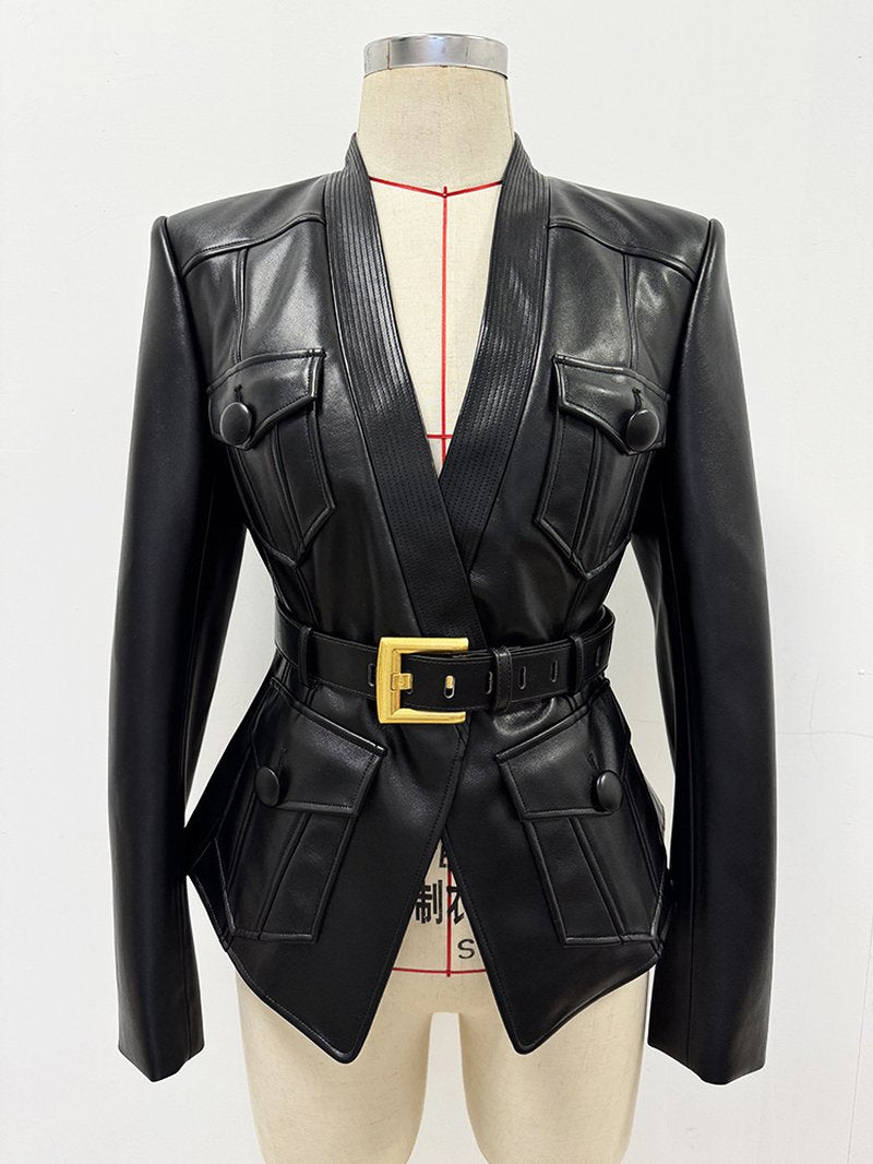 Black Leather Belted Military Jacket H6860