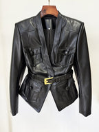 Black Leather Belted Military Jacket H6860