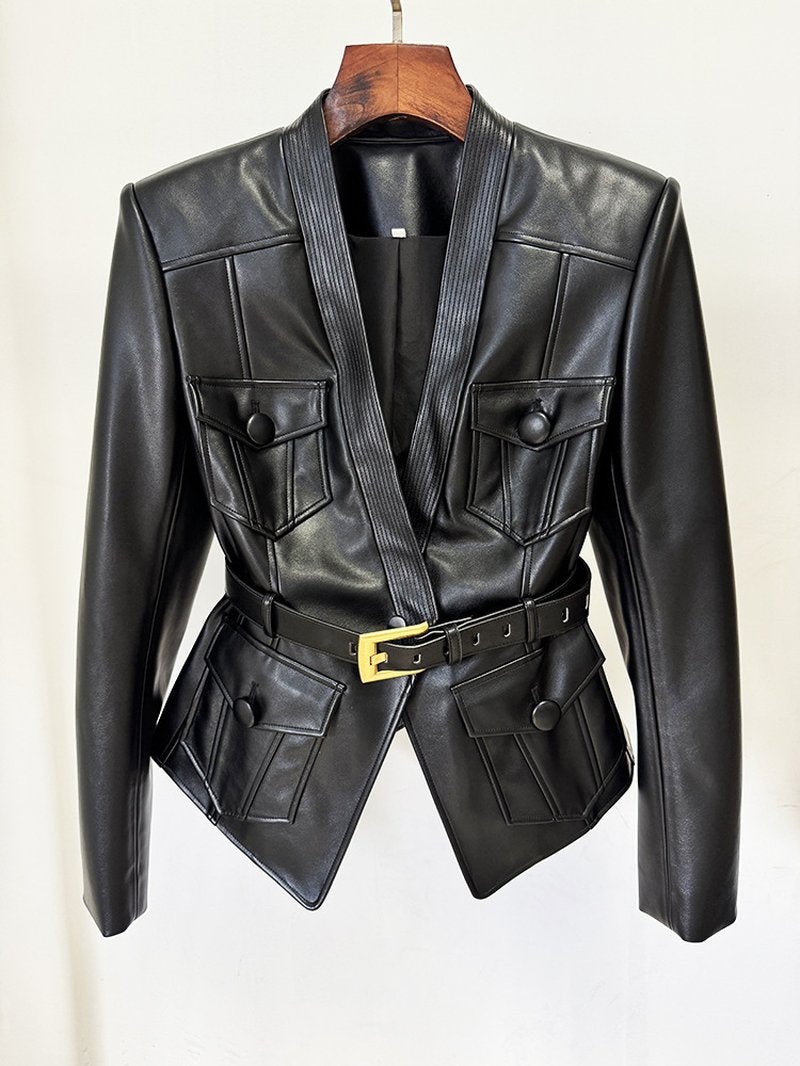 Black Leather Belted Military Jacket H6860