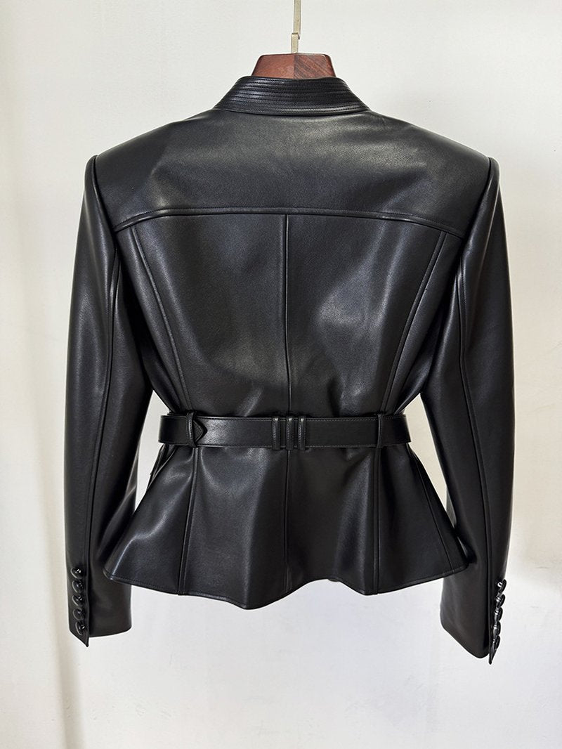 Black Leather Belted Military Jacket H6860
