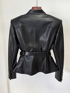 Black Leather Belted Military Jacket H6860