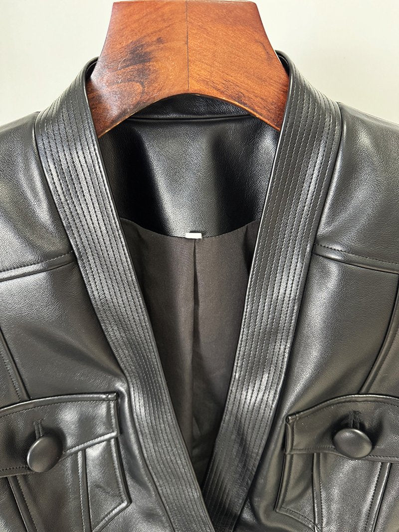 Black Leather Belted Military Jacket H6860