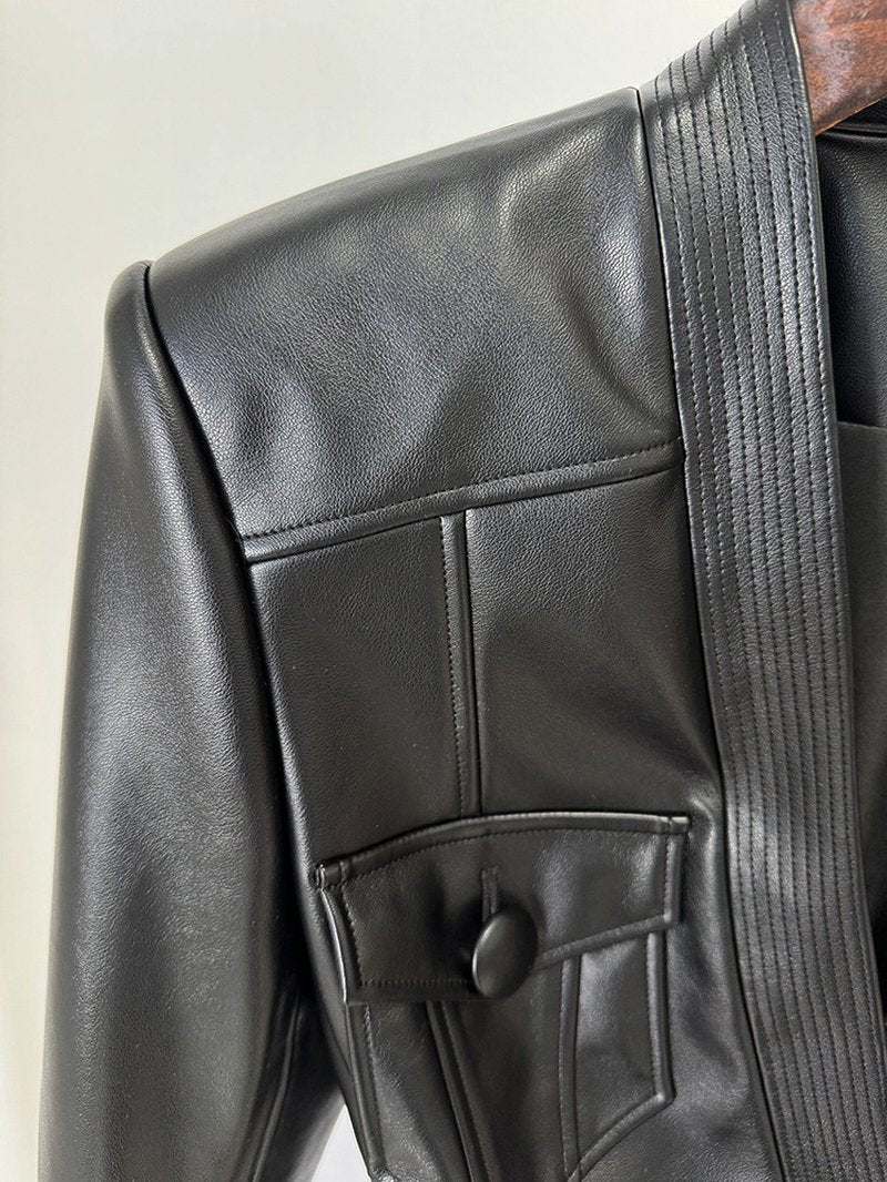Black Leather Belted Military Jacket H6860