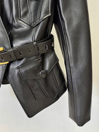 Black Leather Belted Military Jacket H6860