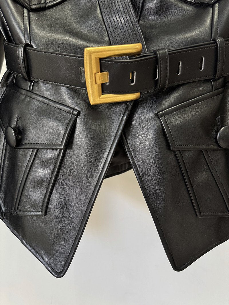 Black Leather Belted Military Jacket H6860