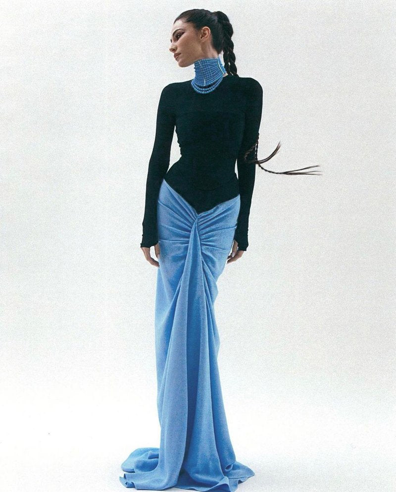 Black Long Sleeve Blue Ruched Maxi Dress H6003