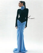 Black Long Sleeve Blue Ruched Maxi Dress H6003