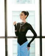 Black Long Sleeve Blue Ruched Maxi Dress H6003