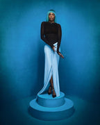 Black Long Sleeve Blue Ruched Maxi Dress H6003