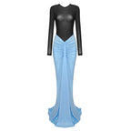 Black Long Sleeve Blue Ruched Maxi Dress H6003