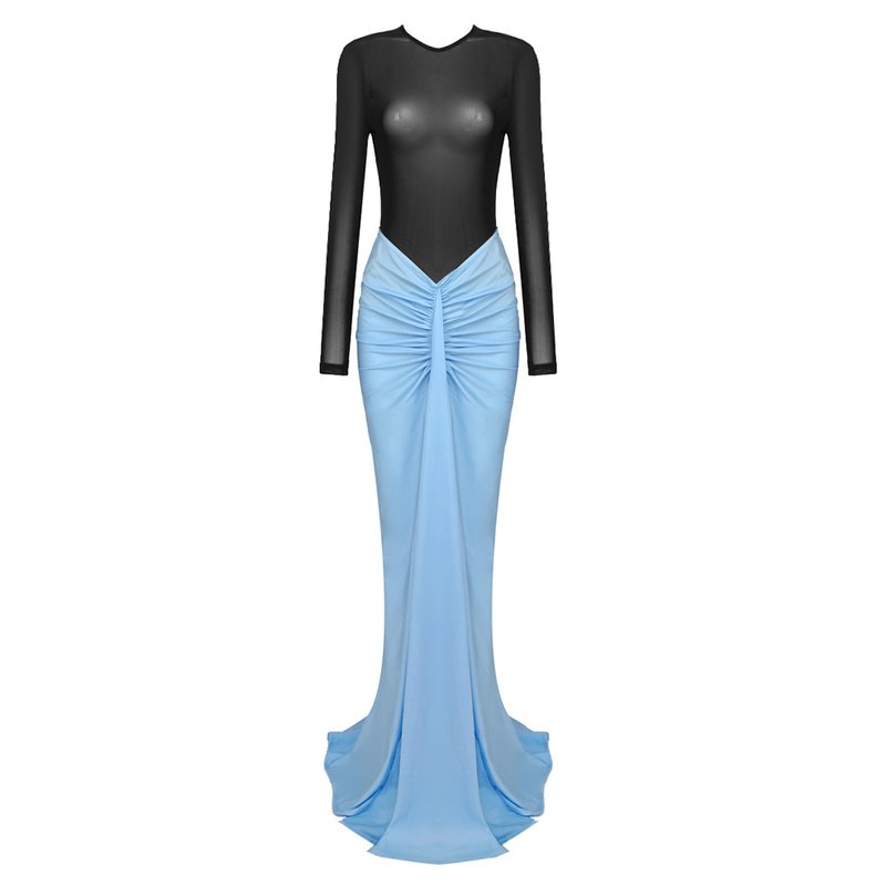 Black Long Sleeve Blue Ruched Maxi Dress H6003