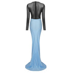 Black Long Sleeve Blue Ruched Maxi Dress H6003