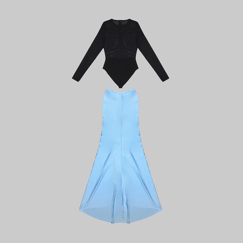 Black Long Sleeve Blue Ruched Maxi Dress H6003