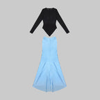 Black Long Sleeve Blue Ruched Maxi Dress H6003