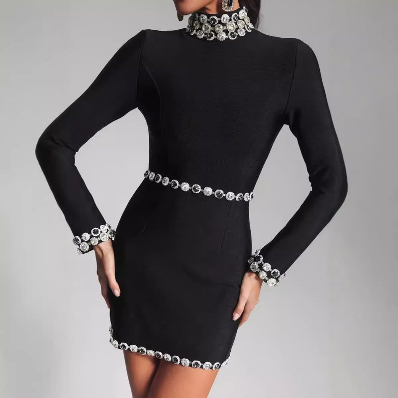 Black Long Sleeve Embellished Mini Dress H6525
