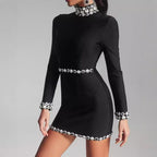 Black Long Sleeve Embellished Mini Dress H6525
