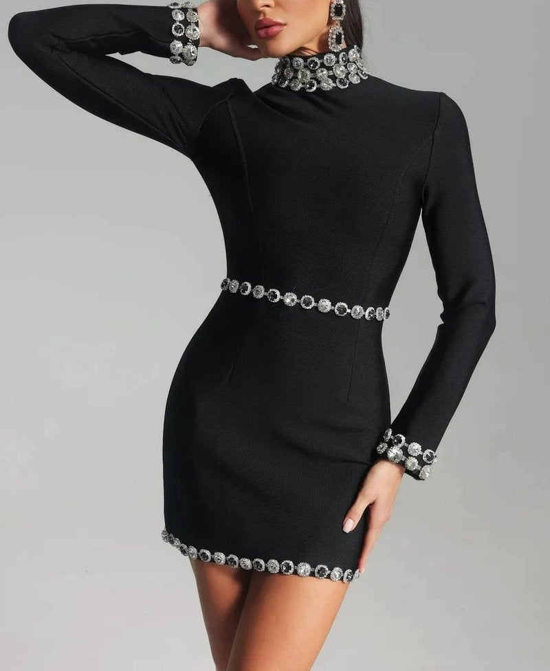 Black Long Sleeve Embellished Mini Dress H6525