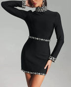 Black Long Sleeve Embellished Mini Dress H6525