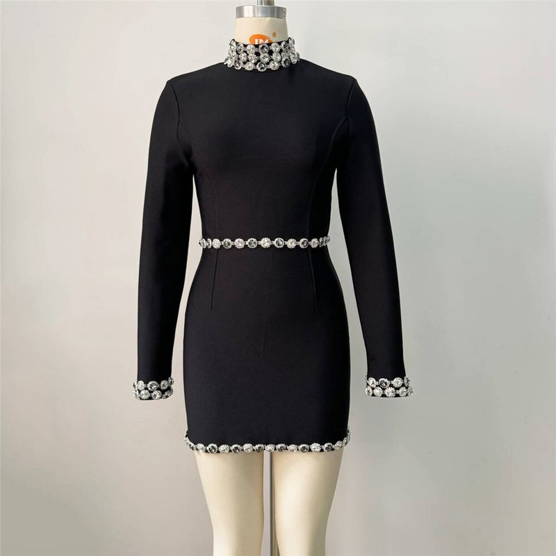 Black Long Sleeve Embellished Mini Dress H6525
